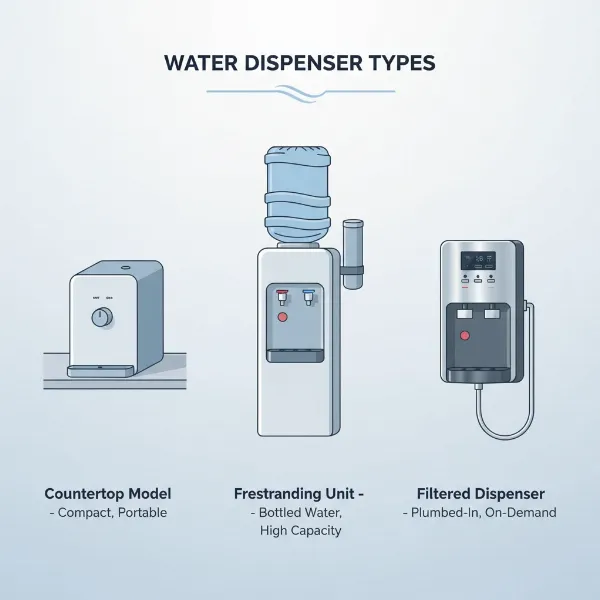 A diverse range of water dispensers showcasing countertop, freestanding, and filtered models for various home and office settings.