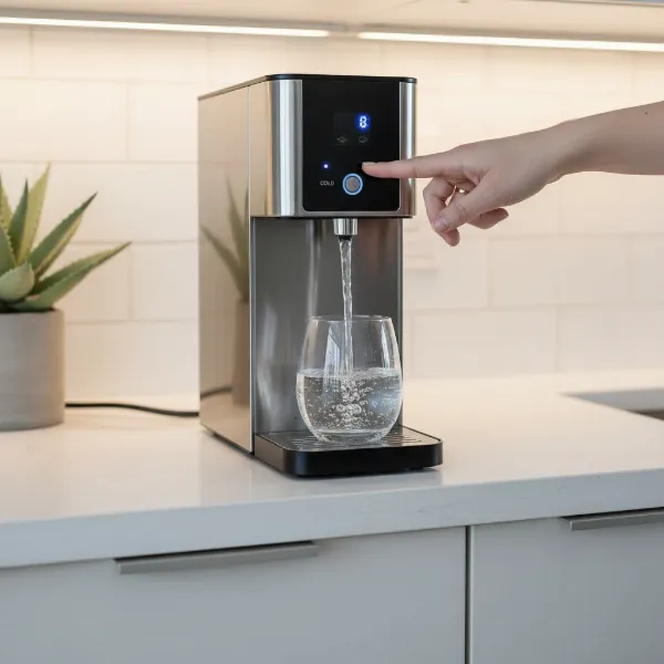 Avalon A12 Countertop Bottleless Water Dispenser in a modern kitchen setting, dispensing water into a glass.