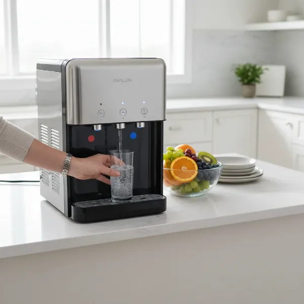 Avalon A3 Self Cleaning Water Cooler seamlessly integrated into a modern kitchen, dispensing water into a glass