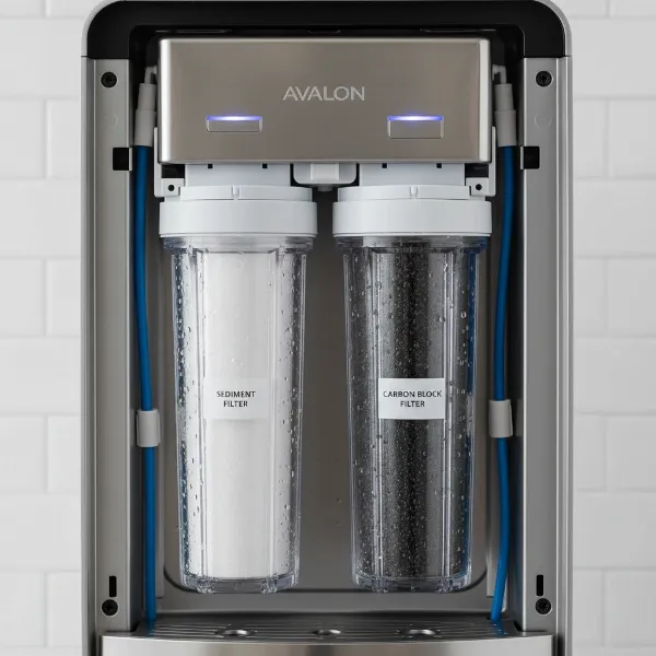 A close-up of the Avalon A5 water cooler's dual-stage filtration system, showing the sediment and carbon block filters.
