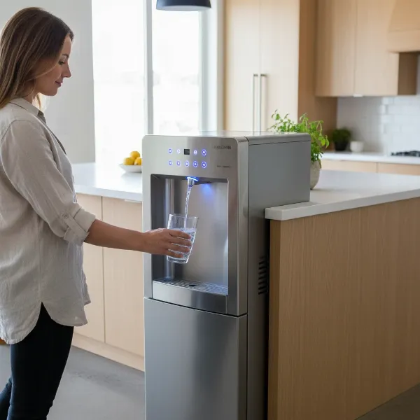 Avalon A8 Bottleless Water Cooler providing convenient hot and cold water, showing ease of use in a modern kitchen setting.