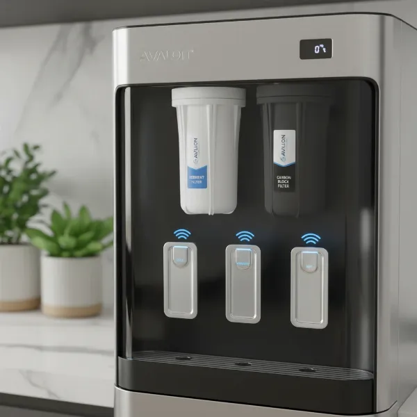 Close-up of the Avalon A8's dual filtration system and touchless dispensing paddles, highlighting advanced technology and design.