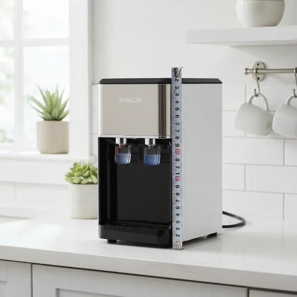 The Avalon A8 Bottleless Water Cooler positioned on a kitchen countertop, demonstrating its compact size and suitability for home environments.