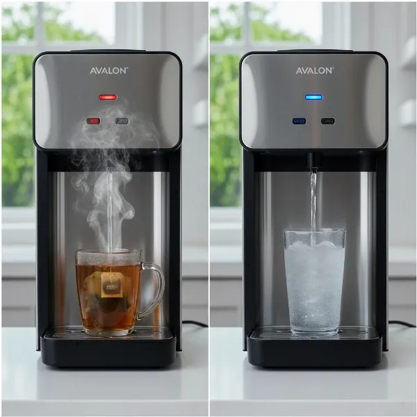 Illustrative image of hot steam rising from a cup being filled with hot water and condensation on a glass of cold water from the Avalon A8.