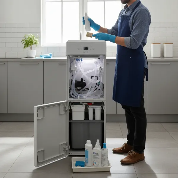 A person cleaning the accessible internal components of a bottom-load water dispenser, emphasizing ease of maintenance. 