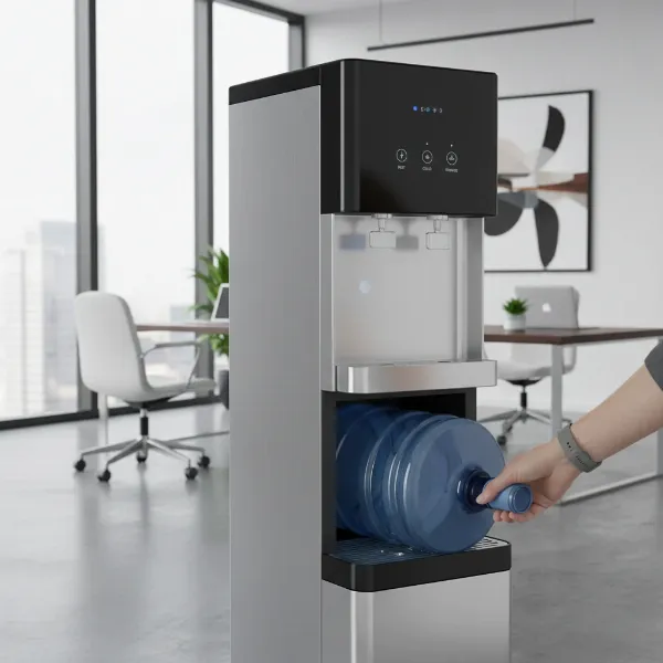 A modern bottom-load water dispenser with a hidden water bottle compartment, featuring a sleek and minimalist design.