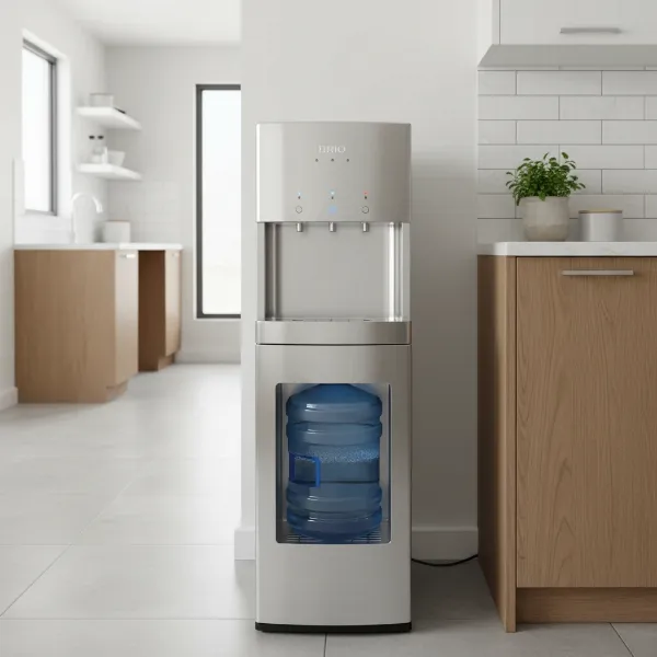 A sleek Brio CLBL520SC bottom load water cooler in a modern kitchen setting, highlighting its stainless steel design and ease of use with a bottle visible in the bottom compartment.
