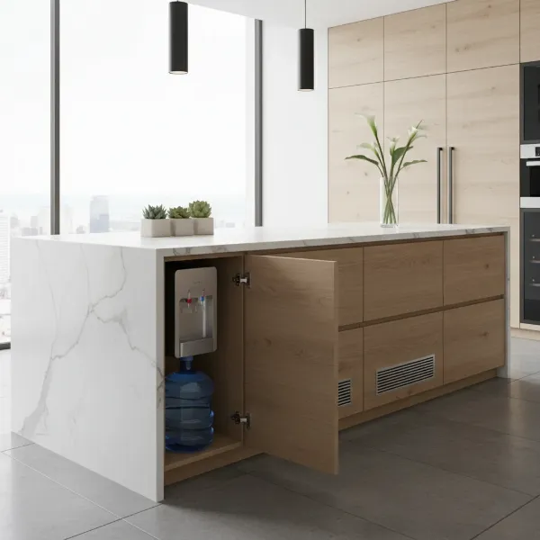 A sleek custom kitchen cabinet with a water dispenser hidden inside, showing discreet ventilation.