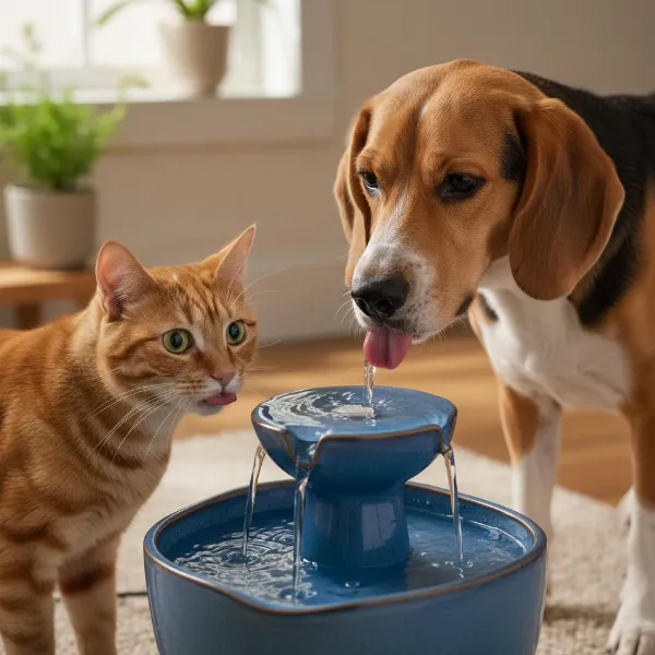 A cat and a dog are curiously approaching and drinking from a pet water fountain with circulating water.