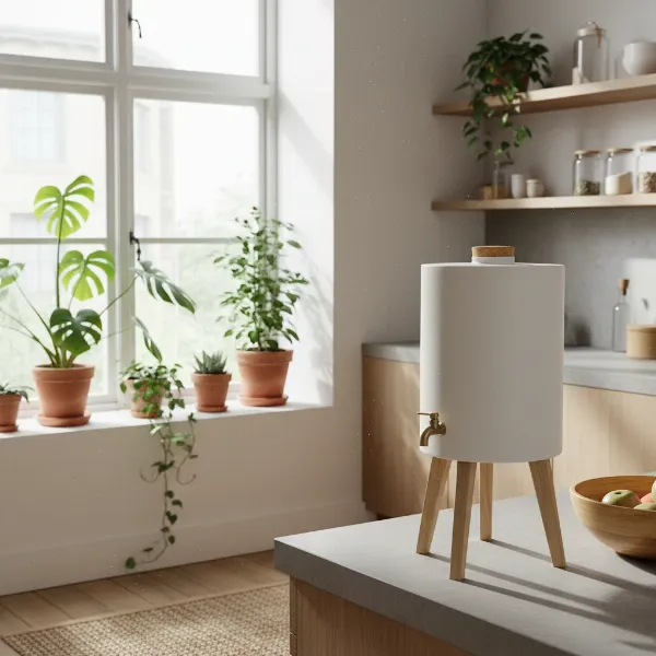 Modern ceramic water dispenser with wooden stand in a bright, eco-friendly kitchen setting