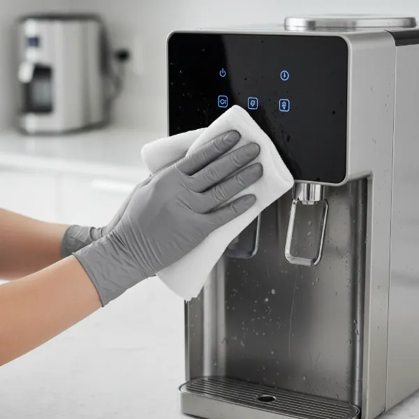 A person cleaning the exterior of a water dispenser with a cloth, showing attention to detail around spigots.