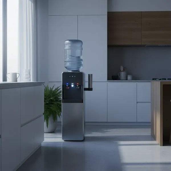 A clean water dispenser placed in a cool, shaded kitchen corner, away from direct sunlight, emphasizing optimal placement for hygiene.