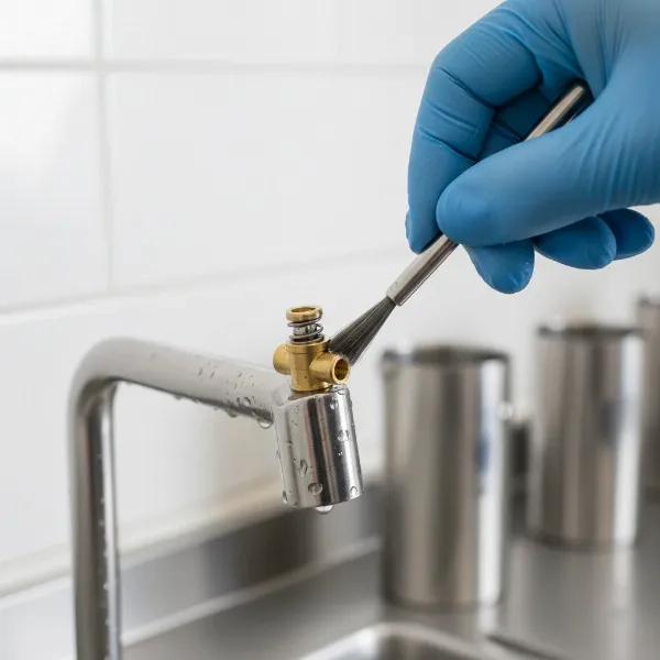 A close-up shot of a technician cleaning a water dispenser probe with a small brush, showing a clear check valve component.