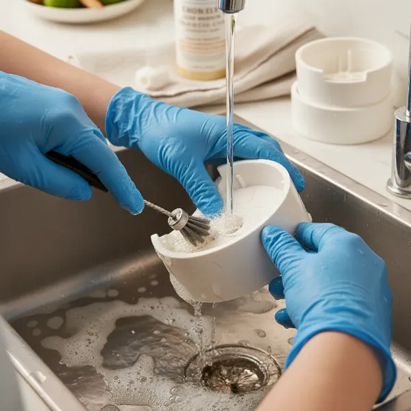 A person cleaning components of a pet water dispenser with a brush and soapy water to ensure hygiene.