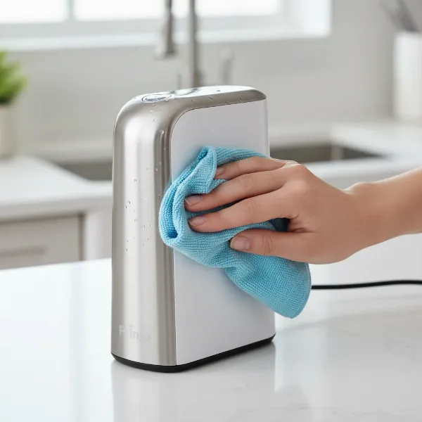 A person cleaning the exterior of the Primo Portable Electronic Water Pump with a damp cloth.