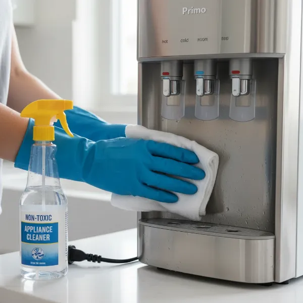 A person cleaning the drip tray and dispensing spouts of a Primo water dispenser, emphasizing regular maintenance for hygiene.