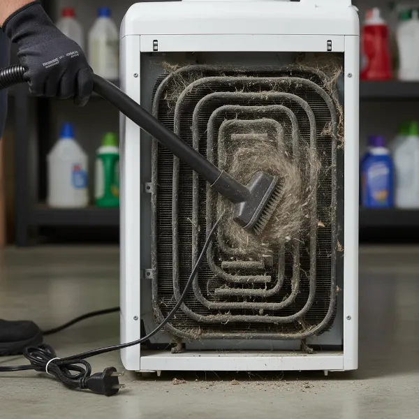 Person cleaning dust and debris from the condenser coils of a water dispenser with a brush or vacuum.