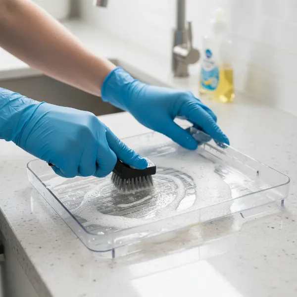 A person cleaning a water dispenser drip tray with a brush and soapy water, emphasizing hygiene and mold prevention.