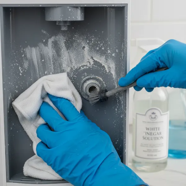 A person's hand meticulously cleaning the interior of a water dispenser with a cloth and a descaling solution, removing mineral deposits.