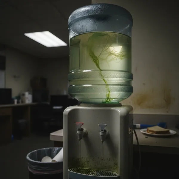 Cloudy or discolored water in a water dispenser, indicating potential bacterial contamination.