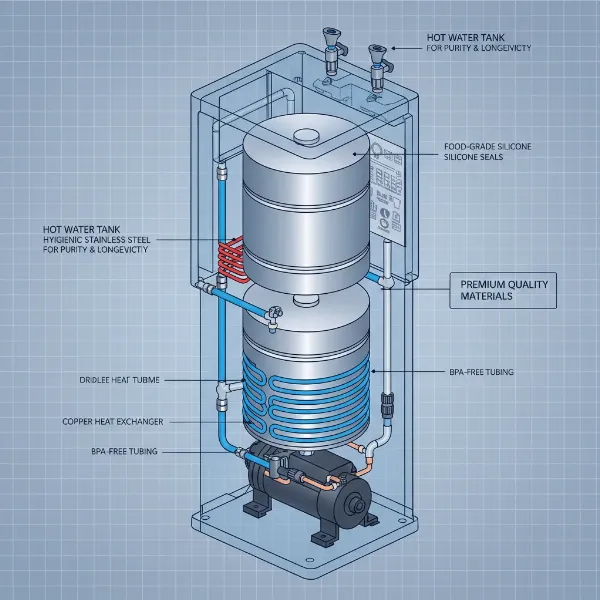Internal view of Clover B14A showing hygienic stainless steel hot and cold water tanks.