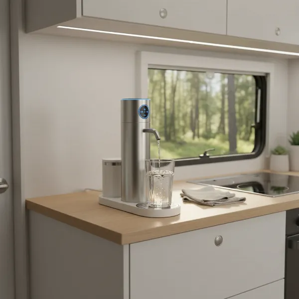 A sleek, compact countertop water dispenser sitting on a small kitchen counter in an RV, dispensing water into a glass.