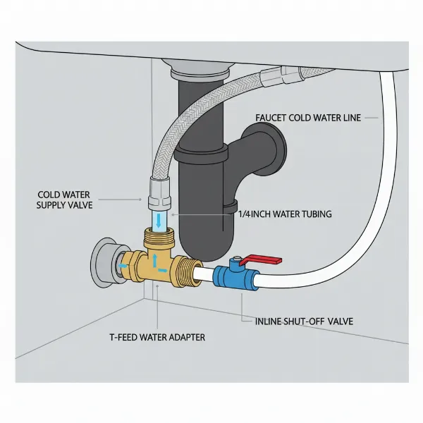 Detailed illustration of connecting a bottleless water cooler to a cold water line.