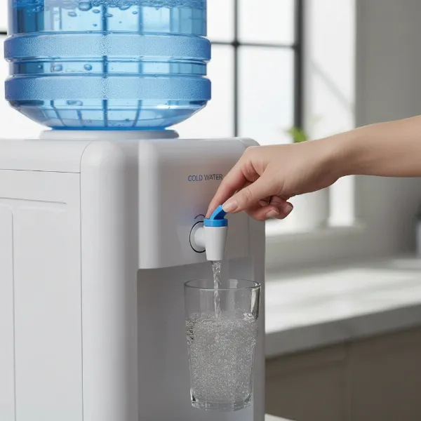 Person filling a glass with cold water from a Giantex top-loading dispenser, showing easy access.