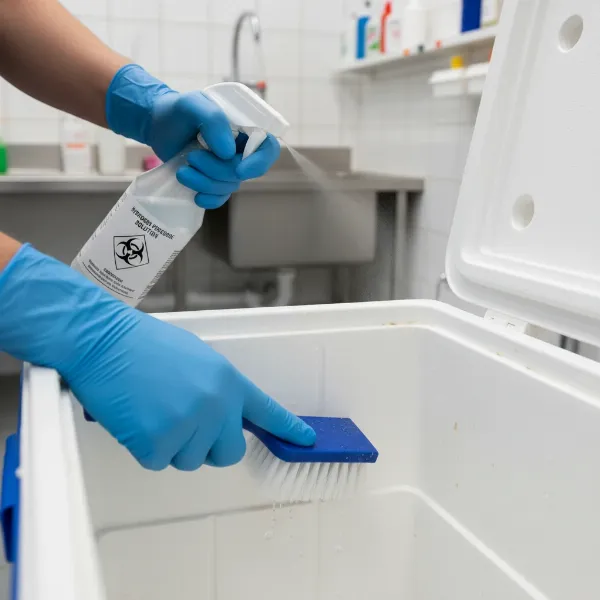 A person in gloves cleaning the interior of a cooler with a spray bottle of hydrogen peroxide and a scrub brush.