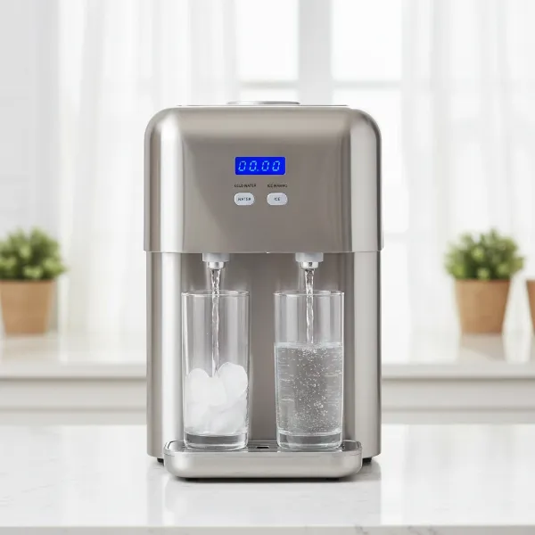 A sleek Costway 2-in-1 water cooler and ice maker on a modern kitchen countertop, dispensing ice and water into glasses.