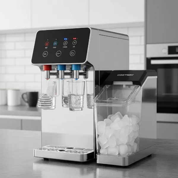 Costway countertop water cooler with ice maker showcasing hot, cold, and ice dispensing functions.