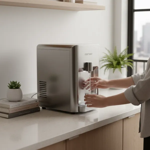 Compact Costway water cooler in a small, tidy kitchen, fitting perfectly on the countertop.