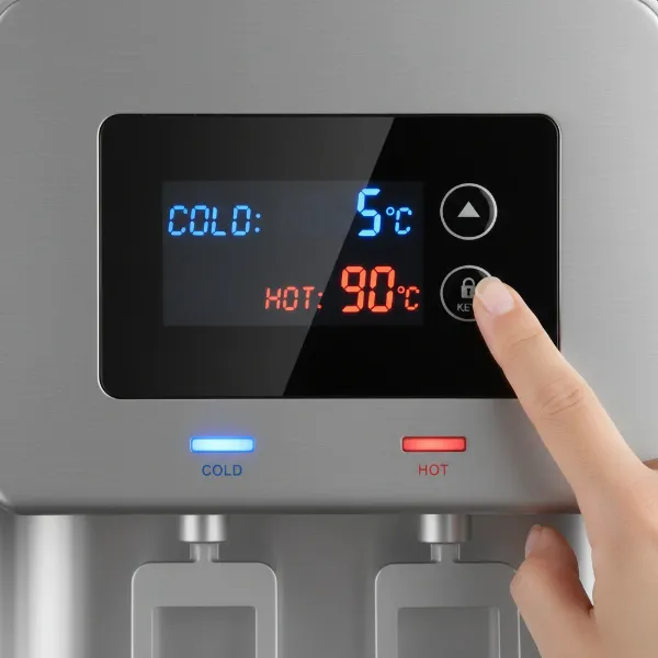 User interacting with a modern water cooler's digital control panel to adjust temperature settings.