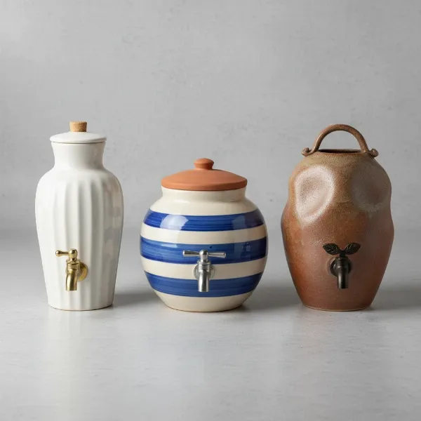 Variety of ceramic water dispensers in different colors and designs, showcasing aesthetic diversity