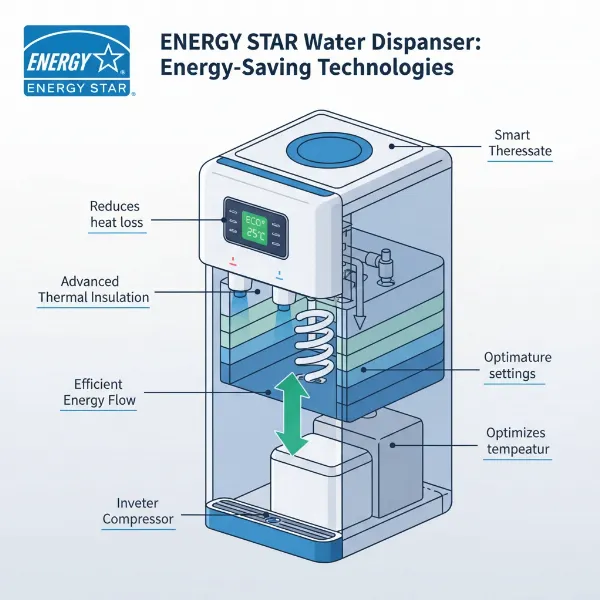 Infographic showing energy-saving technologies in a water dispenser with an ENERGY STAR label.