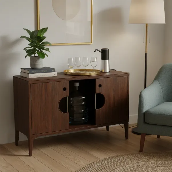 An elegant console table repurposed to hide a water dispenser, with a decorative pump.