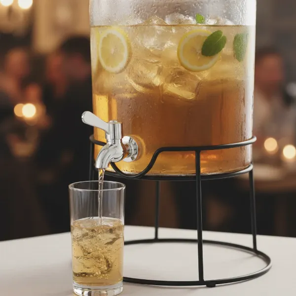 Clear glass beverage dispenser on a black metal stand, elevated for easy cup filling