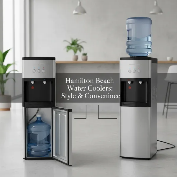 A comparison image showing a bottom-loading and a top-loading Hamilton Beach water cooler side-by-side, highlighting their design differences and bottle placement.