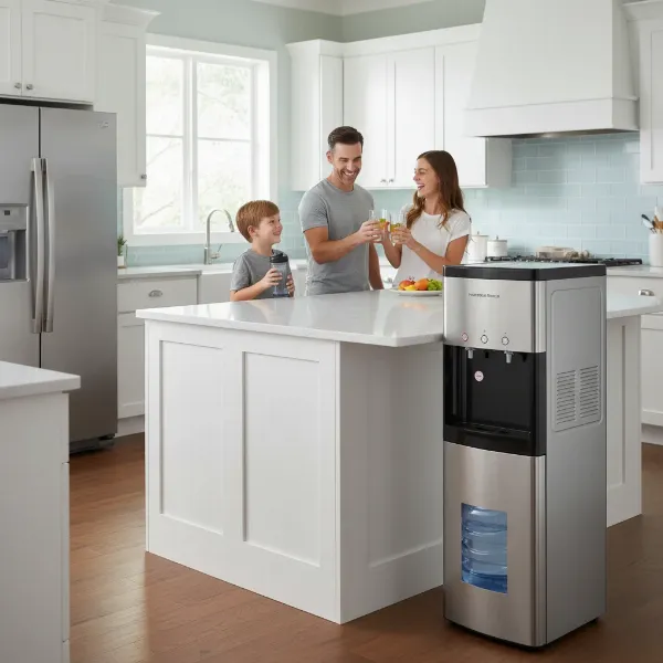 A sleek Hamilton Beach bottom-loading water cooler in a modern home kitchen with a family around it, emphasizing ease of use and family-friendly features.