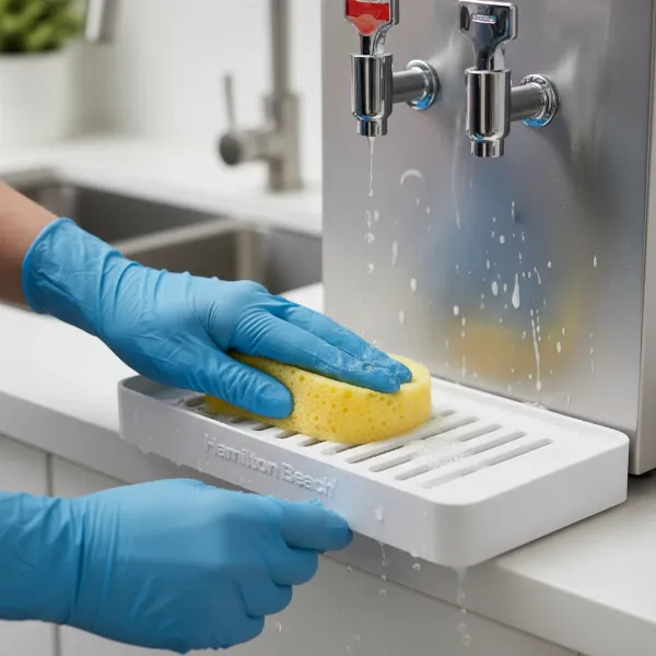 A close-up image showing hands cleaning the drip tray of a Hamilton Beach water cooler, emphasizing hygiene and ease of maintenance.