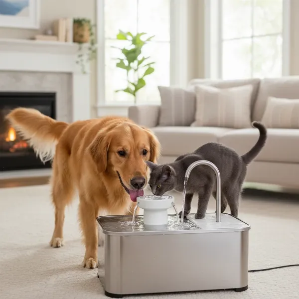 Happy cat and dog drinking fresh water from a modern pet water dispenser.