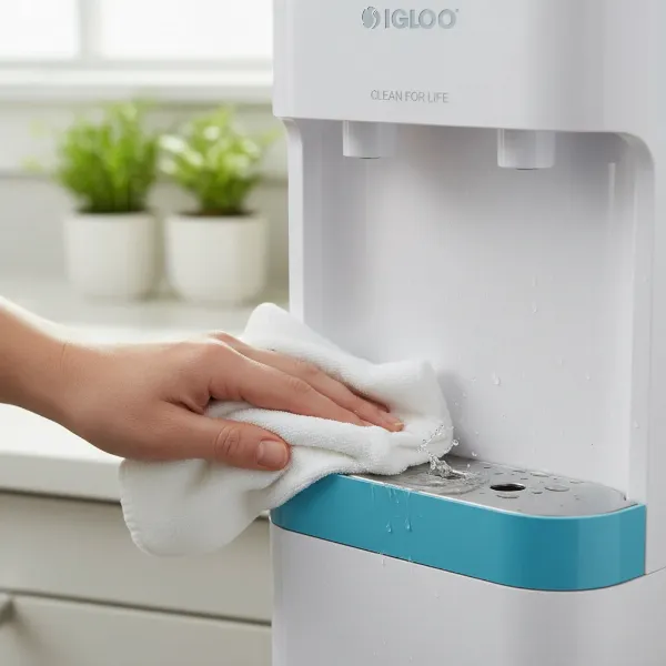 Hand cleaning the removable drip tray of an Igloo water dispenser, emphasizing regular maintenance.