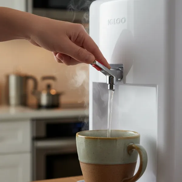 Hand dispensing hot water from an Igloo dispenser into a steaming mug for tea.