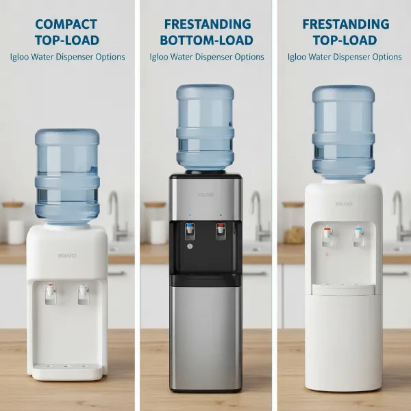 Collage of various Igloo water dispenser models, including countertop and freestanding units, highlighting design choices.