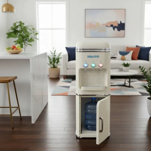 Stylish Igloo bottom-loading water dispenser with retro design elements, fitting modern home decor.
