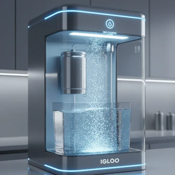 Digital display on Igloo water dispenser indicating active ozone self-cleaning cycle for hygiene.