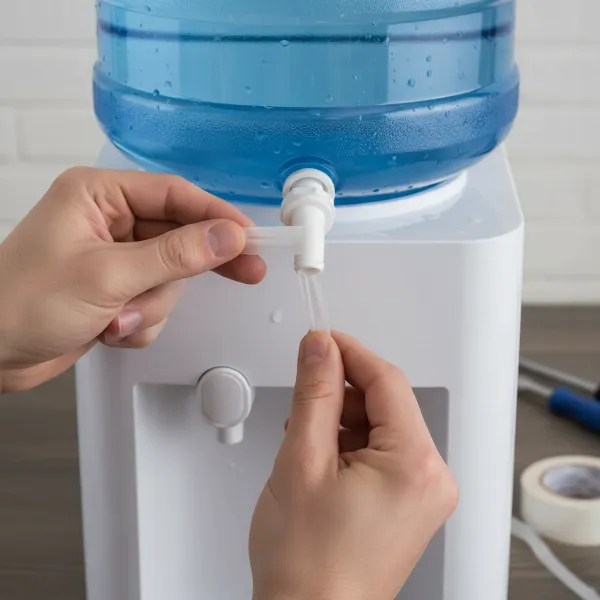 Hands installing a new water dispenser spigot, showing thread seal tape application.
