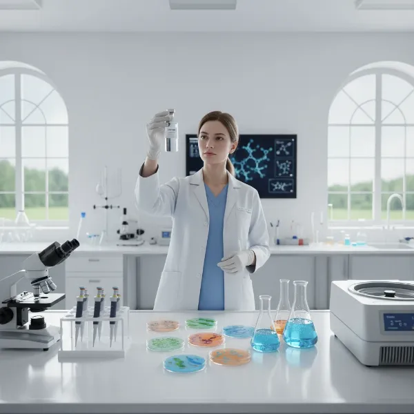 A close-up of professional laboratory water testing equipment with vials and petri dishes.