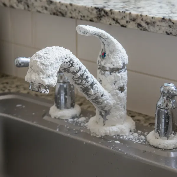Severe limescale buildup visible on a stainless steel kitchen faucet and sink, showing the damaging effects of hard water.