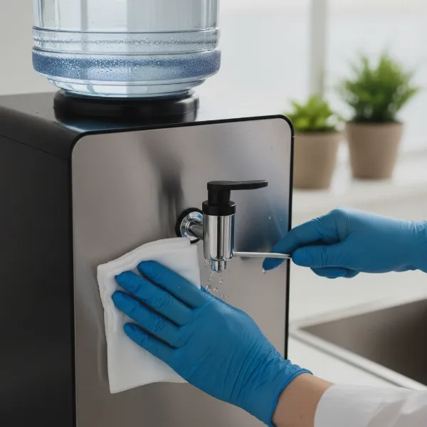 A person cleaning the water reservoir of a 2-in-1 water dispenser with built-in ice maker, emphasizing the importance of regular maintenance for hygiene and longevity.